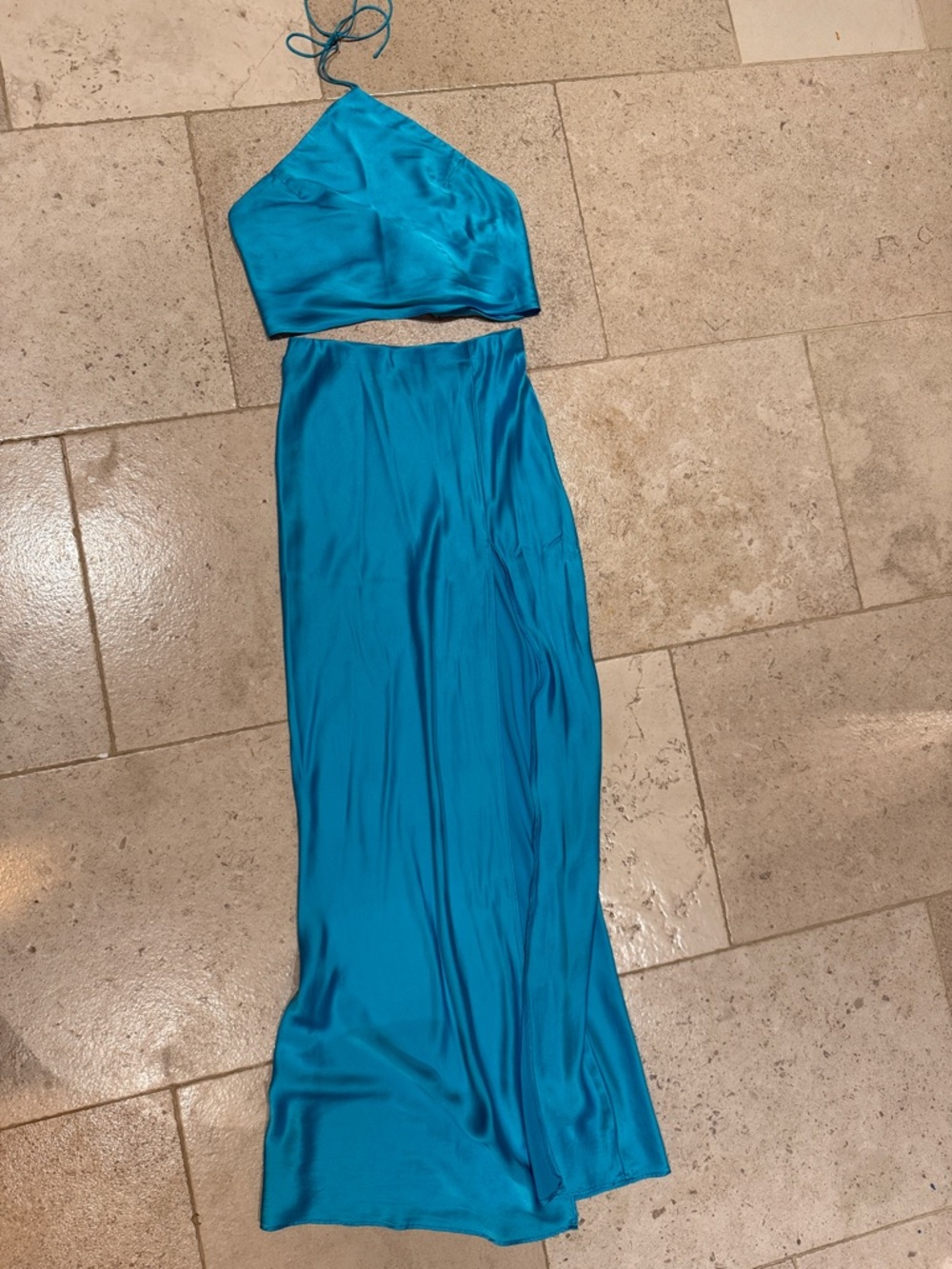 Amanda Uprichard Teal Satin Halter Maxi Dress